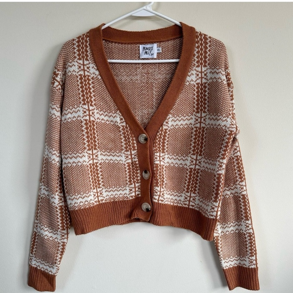Princess Polly Cardigan Sweater Button Front V-Neck Cropped Long Sleeve Plaid